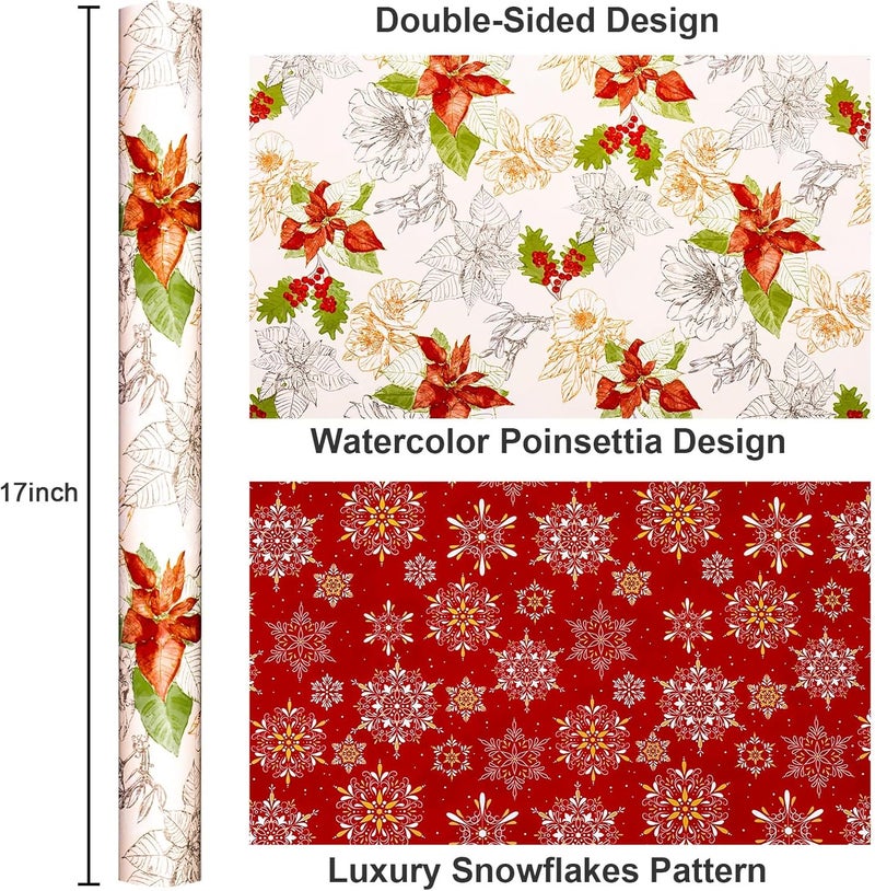 MAYPLUSS Christmas Wrapping Paper Roll, Vintage Reversible Christmas Gift Wrap with Poinsettia Design, Watercolor Red Green Floral Gift Wrapping Paper Holiday Present Packaging (17 Inch X 33 Feet) - Image 3